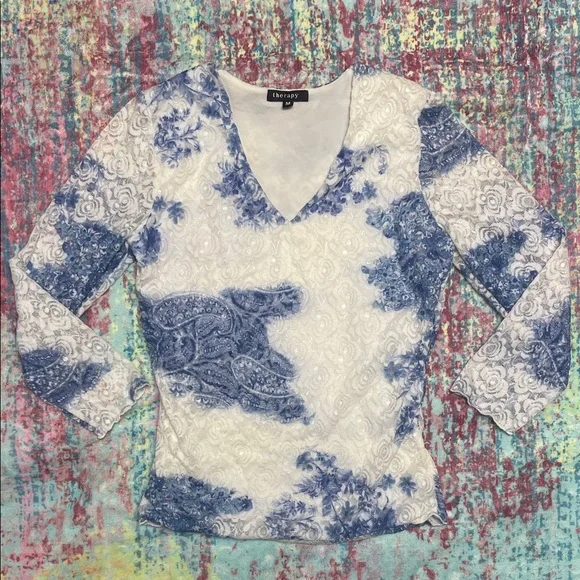 Therapy Blue and White Floral Long Sleeve Top - Picture 1 of 5